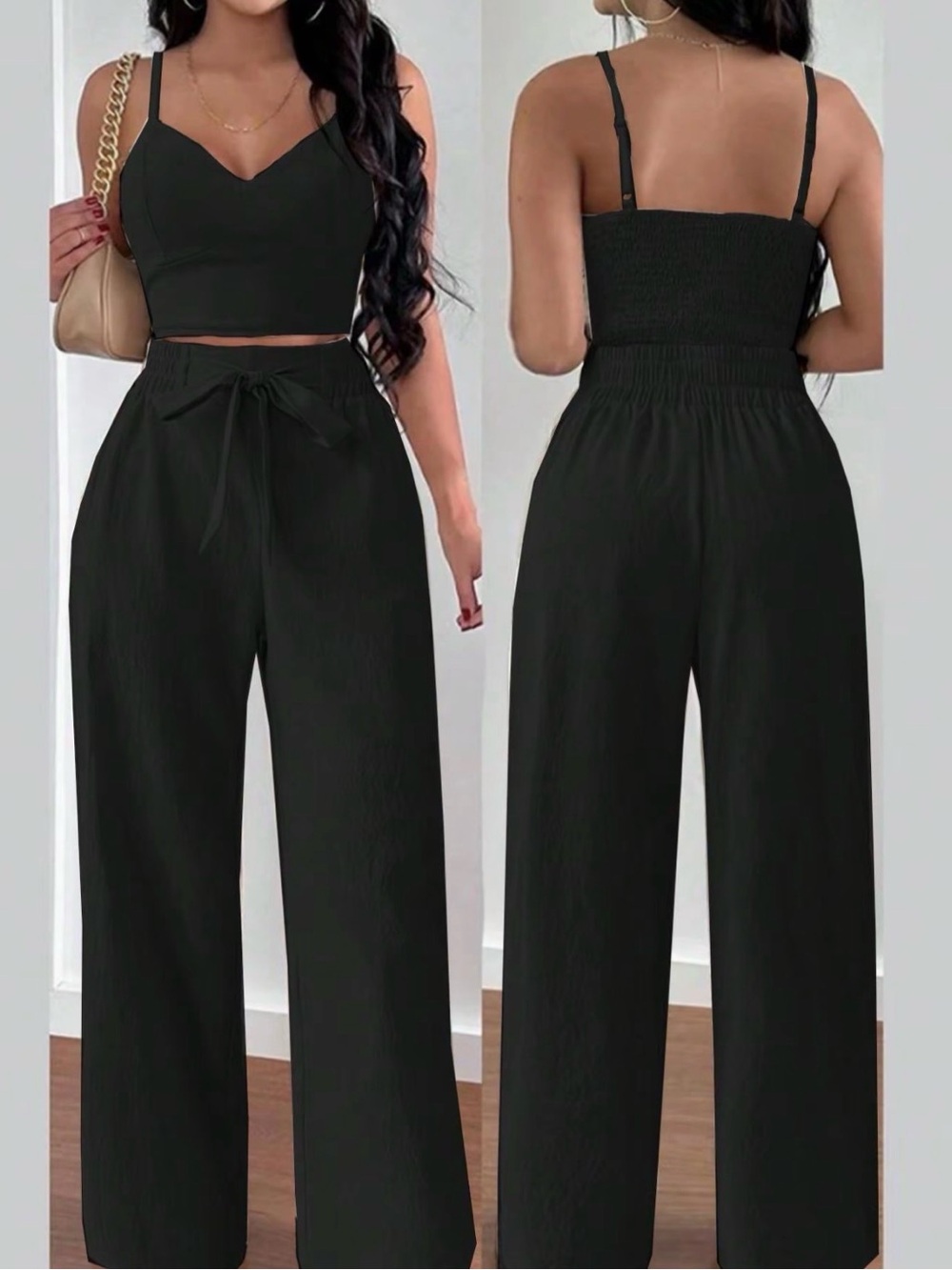 Women's Black Wide-Leg Pants with Smocked Waist